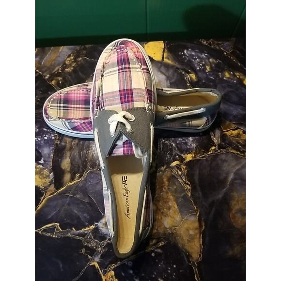 American Eagle Boat Women's Shoe Plaid Fabric Pink Gray White Sz 10 - Picture 2 of 4